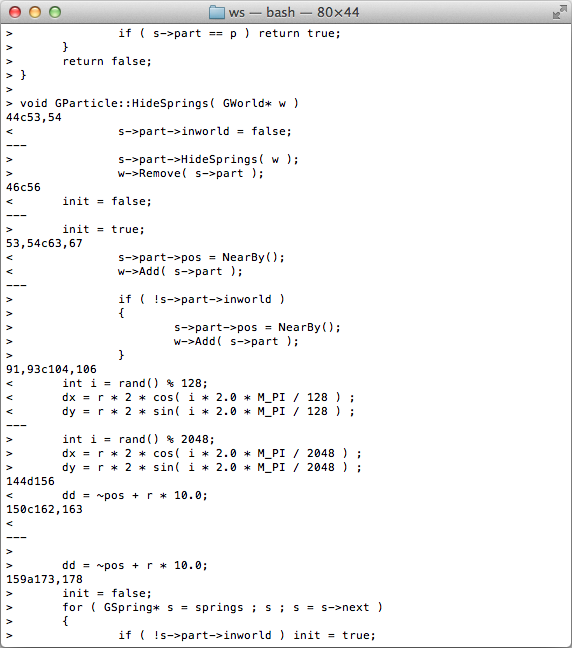 The diff2 output seen via the command line.