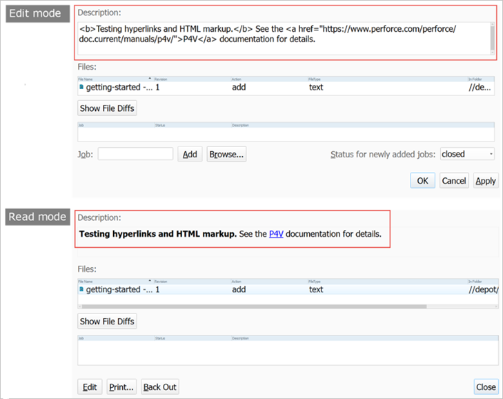 Description field with HTML tags in edit vs. read mode
